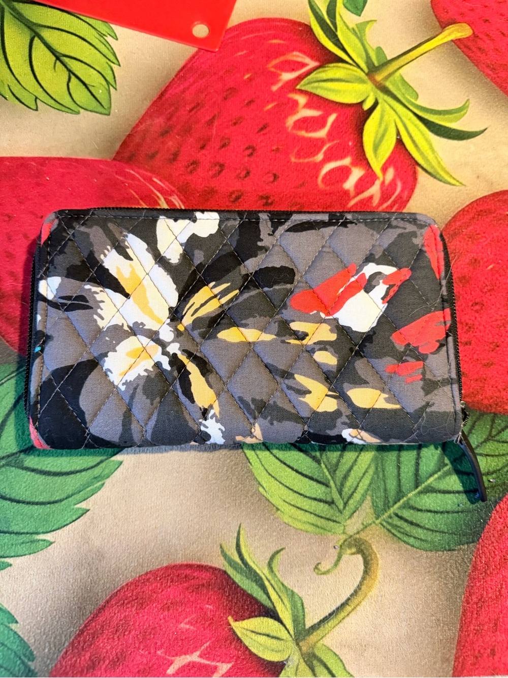 Vera Bradley Quilted Floral Zip-Around Wallet - Black with Red & Yellow Accents